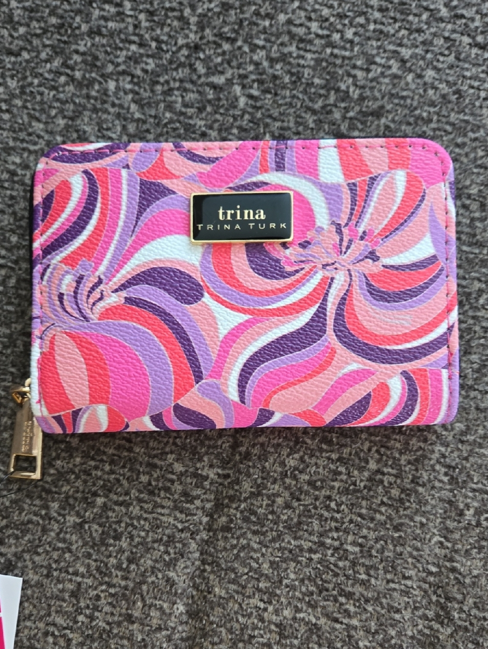 Trina Turk Pink Purple Swirl Zip Wallet with Gold Accent